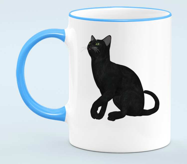 Черная кошка кружка с кантом (цвет: белый + голубой)