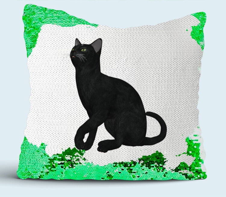 Черная кошка подушка с пайетками (цвет: белый + зеленый)