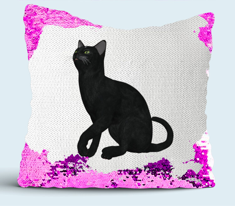 Черная кошка подушка с пайетками (цвет: белый + сиреневый)