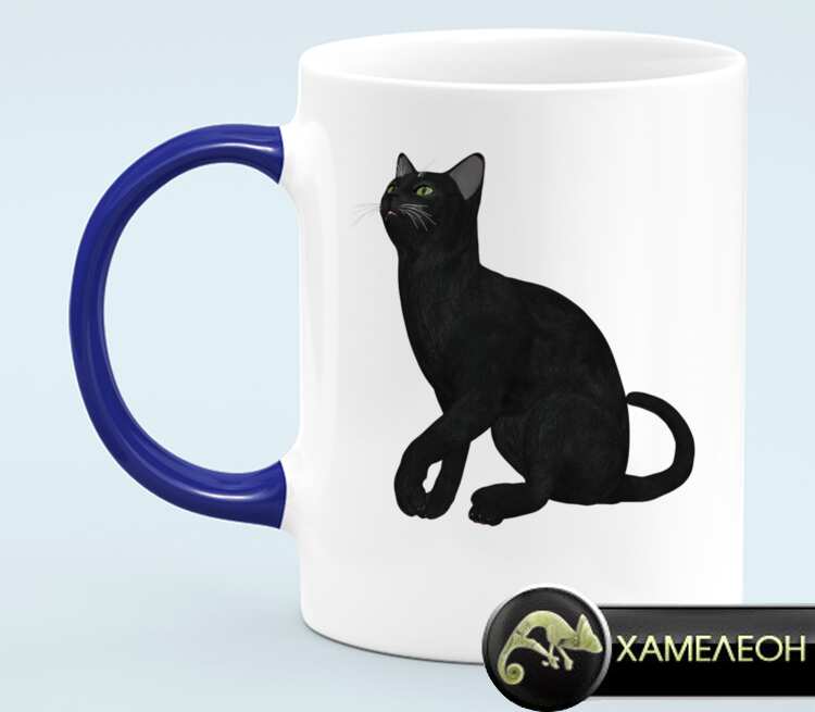 Черная кошка кружка хамелеон (цвет: белый + синий)