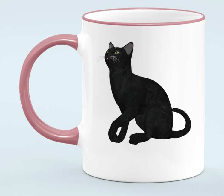 Черная кошка кружка с кантом (цвет: белый + розовый)