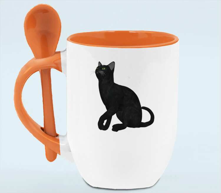 Черная кошка кружка с ложкой в ручке (цвет: белый + оранжевый)