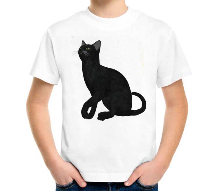 Черная кошка детская футболка с коротким рукавом (цвет: белый)