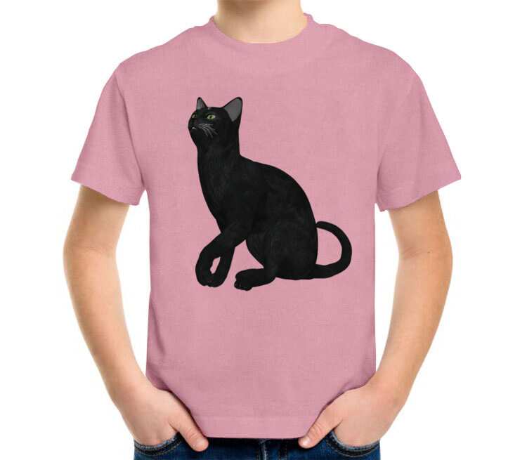Черная кошка детская футболка с коротким рукавом (цвет: розовый меланж)