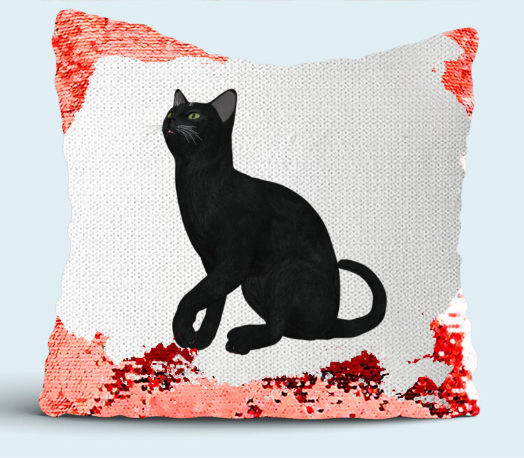 Черная кошка подушка с пайетками (цвет: белый + красный)