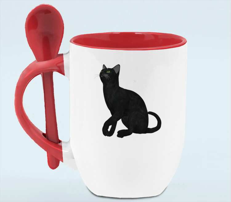 Черная кошка кружка с ложкой в ручке (цвет: белый + красный)