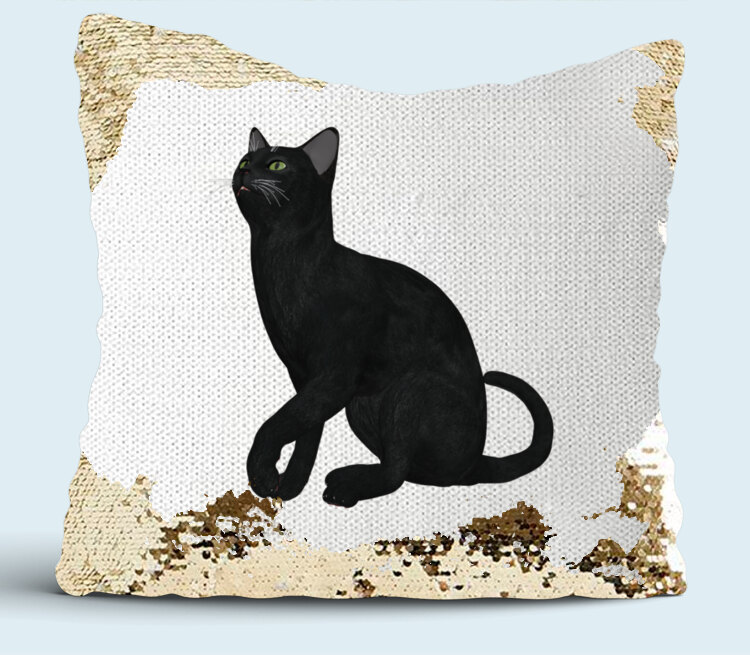 Черная кошка подушка с пайетками (цвет: белый + золотой)