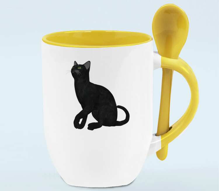 Черная кошка кружка с ложкой в ручке (цвет: белый + желтый)