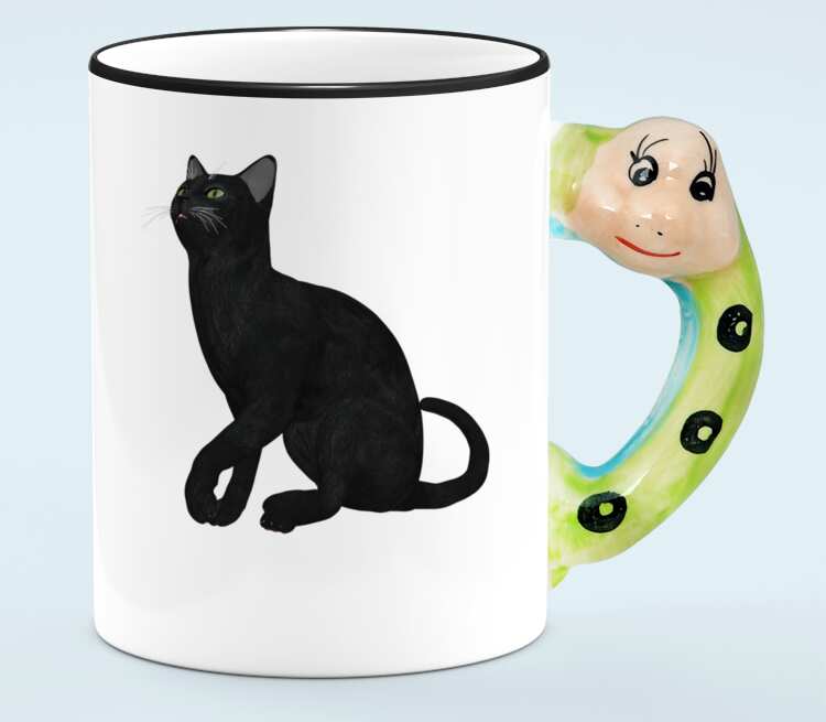 Черная кошка кружка с ручкой в виде змеи (цвет: белый + черный)