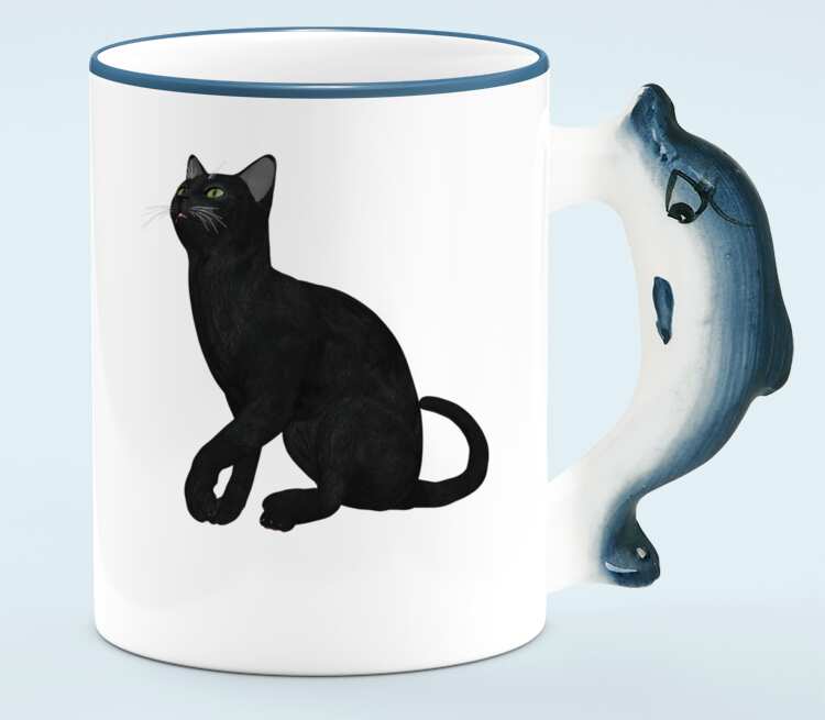 Черная кошка кружка с ручкой в виде дельфина (цвет: белый + синий)