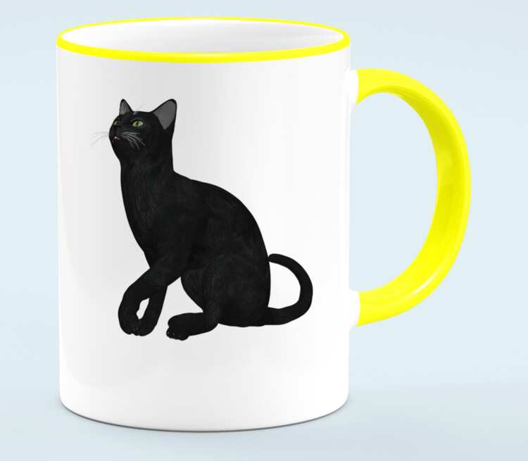 Черная кошка кружка с кантом (цвет: белый + желтый)