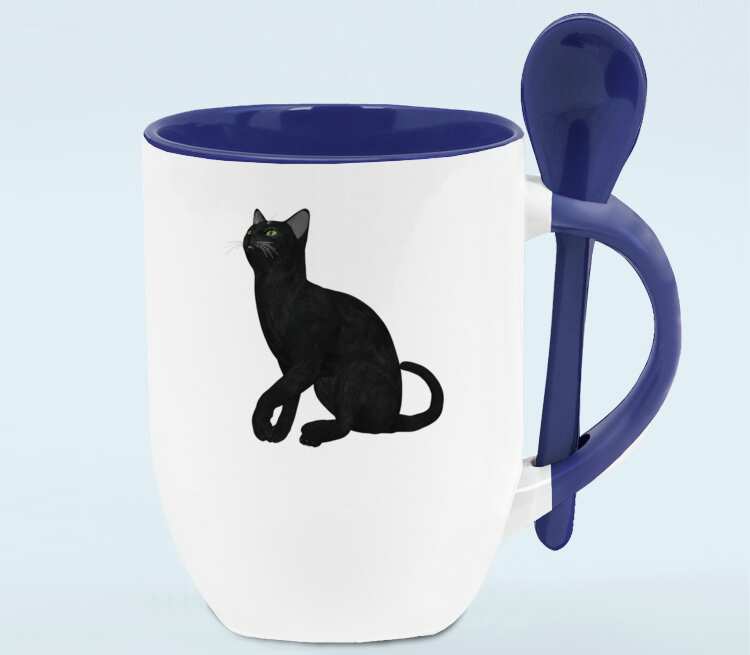 Черная кошка кружка с ложкой в ручке (цвет: белый + синий)