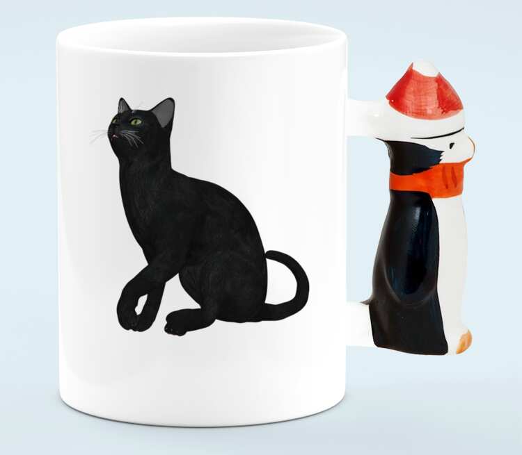 Черная кошка кружка с ручкой в виде пингвина (цвет: белый)