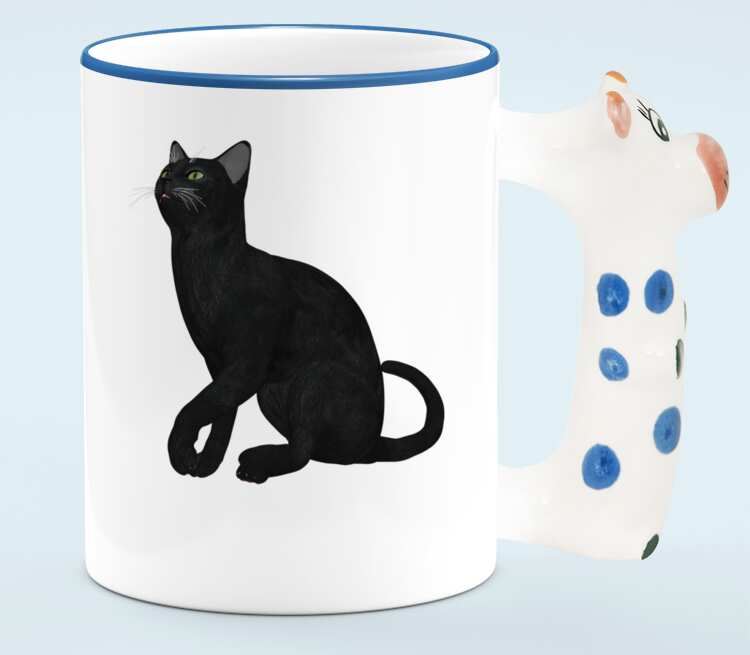 Черная кошка кружка с ручкой в виде коровы (цвет: белый + синий)