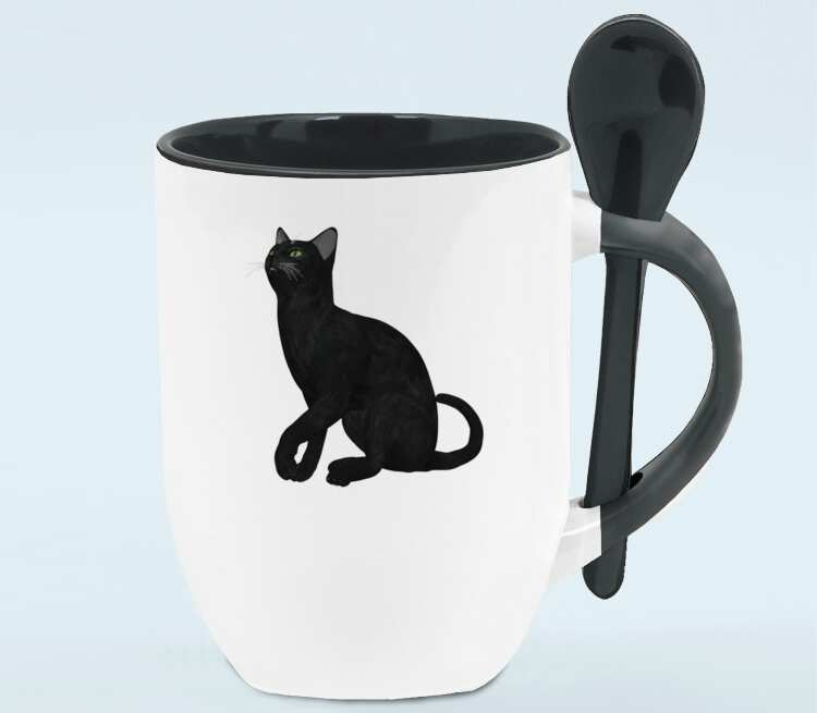 Черная кошка кружка с ложкой в ручке (цвет: белый + черный)