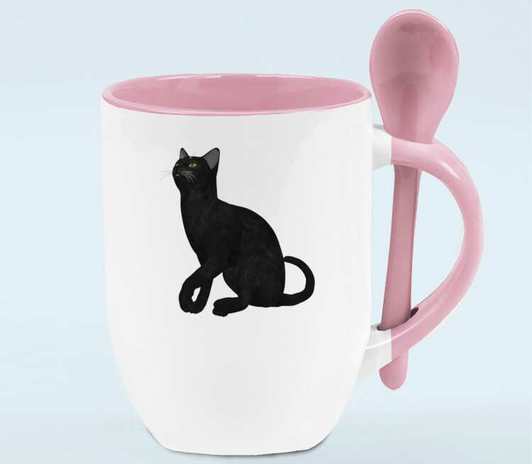 Черная кошка кружка с ложкой в ручке (цвет: белый + розовый)