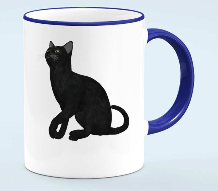 Черная кошка кружка с кантом (цвет: белый + синий)