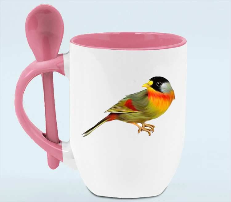 Птичка кружка с ложкой в ручке (цвет: белый + розовый)