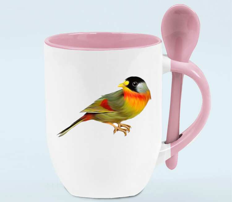 Птичка кружка с ложкой в ручке (цвет: белый + розовый)
