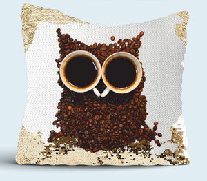 Кофейная сова подушка с пайетками (цвет: белый + золотой)
