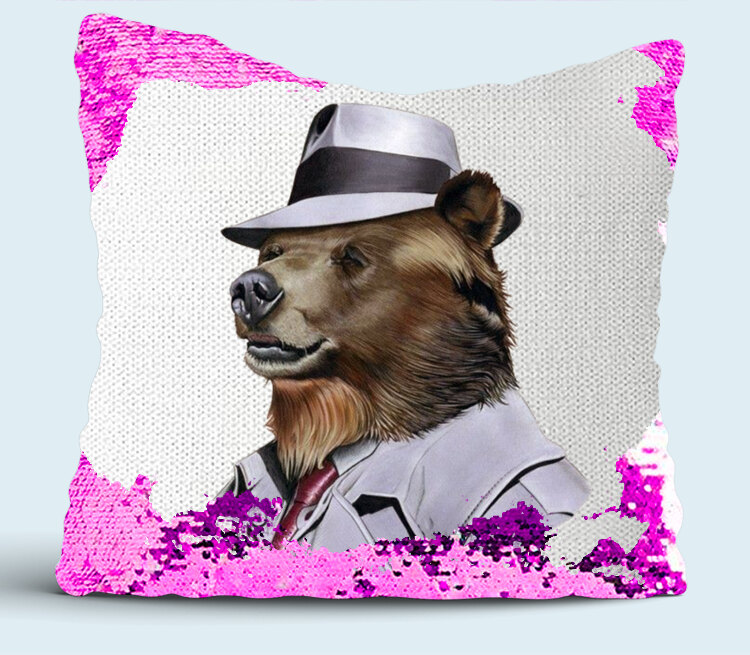 Деловой медведь подушка с пайетками (цвет: белый + сиреневый)