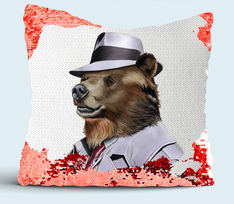 Деловой медведь подушка с пайетками (цвет: белый + красный)