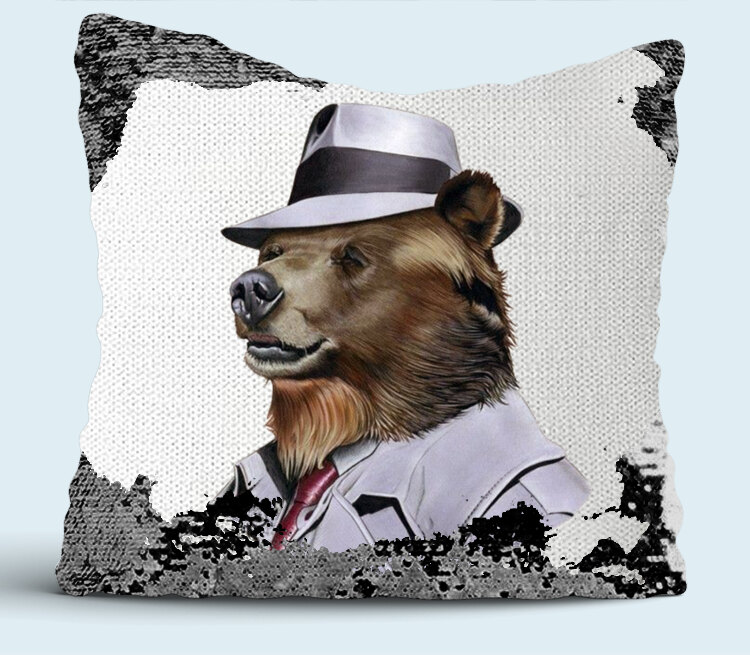 Деловой медведь подушка с пайетками (цвет: белый + черный)