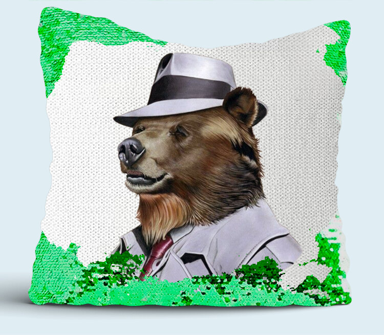 Деловой медведь подушка с пайетками (цвет: белый + зеленый)