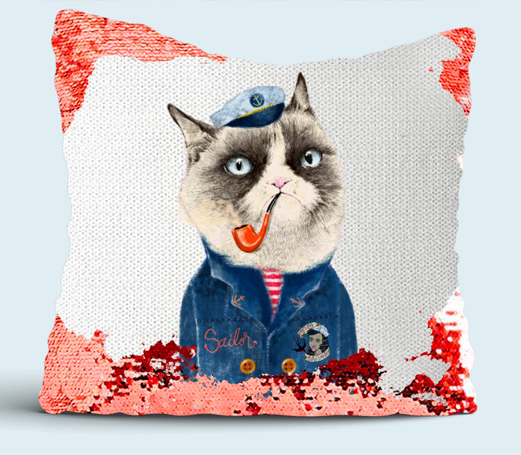 Кот моряк подушка с пайетками (цвет: белый + красный)