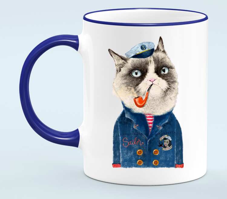 Кот моряк кружка с кантом (цвет: белый + синий)