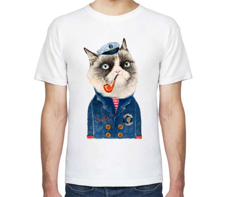 Кот моряк мужская футболка с коротким рукавом (цвет: белый)