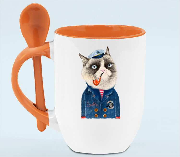 Кот моряк кружка с ложкой в ручке (цвет: белый + оранжевый)