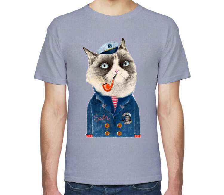 Кот моряк мужская футболка с коротким рукавом (цвет: голубой меланж)