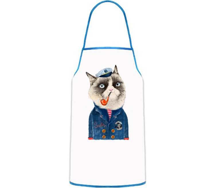 Кот моряк кухонный фартук (цвет: белый + синий)