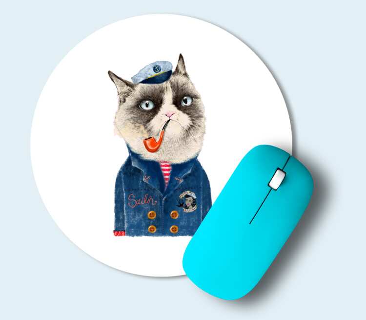 Кот моряк коврик для мыши круглый (цвет: белый)