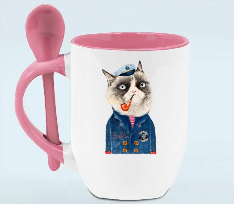 Кот моряк кружка с ложкой в ручке (цвет: белый + розовый)