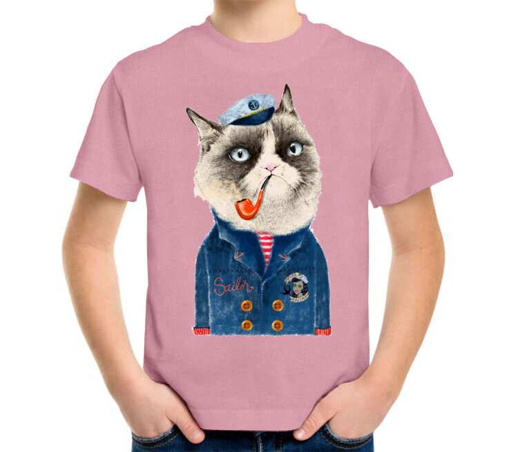 Кот моряк детская футболка с коротким рукавом (цвет: розовый меланж)