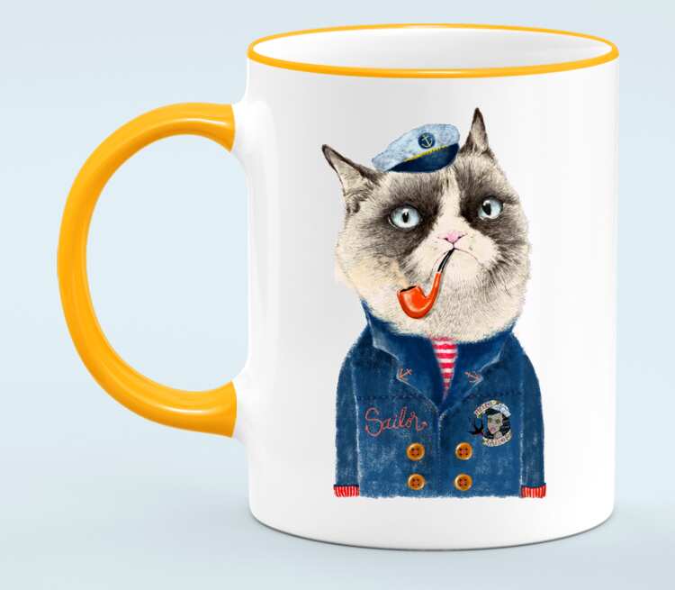 Кот моряк кружка с кантом (цвет: белый + оранжевый)