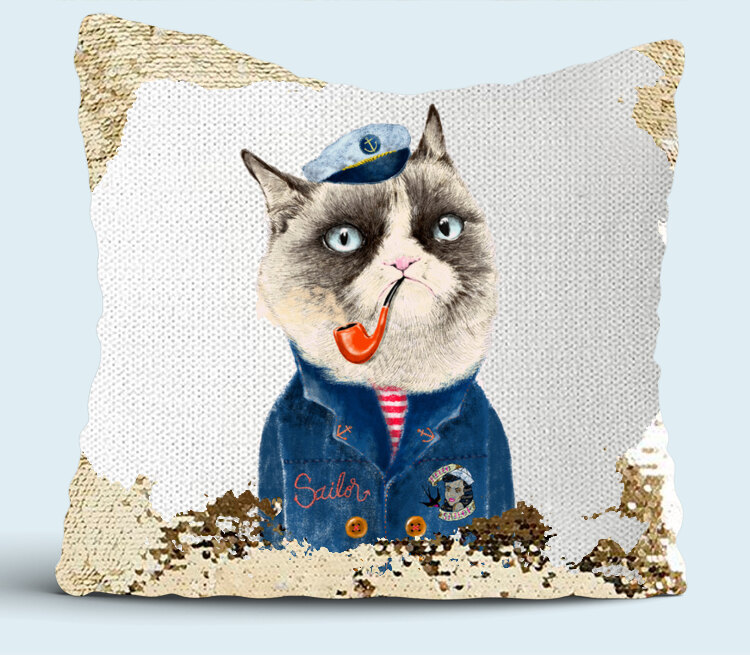 Кот моряк подушка с пайетками (цвет: белый + золотой)