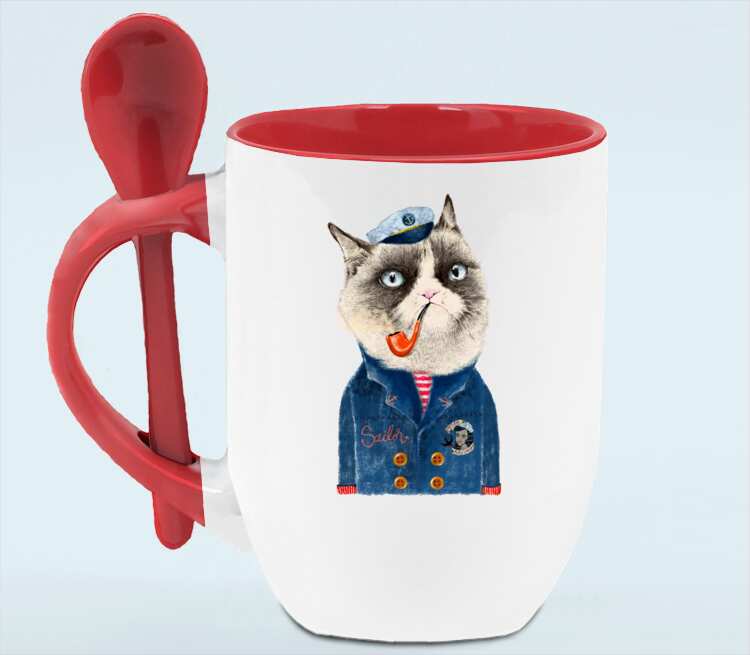 Кот моряк кружка с ложкой в ручке (цвет: белый + красный)