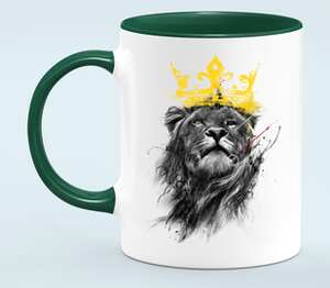 Лев в короне кружка двухцветная (цвет: белый + зеленый)