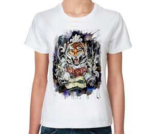  Тигр Old School женская футболка с коротким рукавом (цвет: белый)