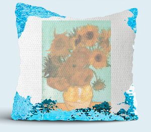 Подсолнухи Винсента Ван Гога подушка с пайетками (цвет: белый + синий)