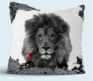 Лев и роза подушка с пайетками (цвет: белый + черный)