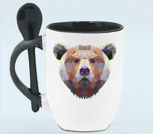 Полигональный медведь кружка с ложкой в ручке (цвет: белый + черный)