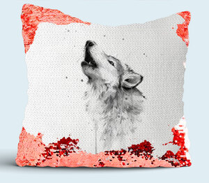Акварельный Волк подушка с пайетками (цвет: белый + красный)