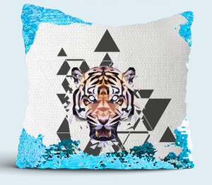 Геометрический Тигр подушка с пайетками (цвет: белый + синий)