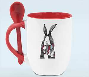 Заяц в шарфе кружка с ложкой в ручке (цвет: белый + красный)