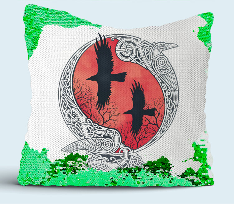 Кельтский узор ворона Хугин и Мунин подушка с пайетками (цвет: белый + зеленый)