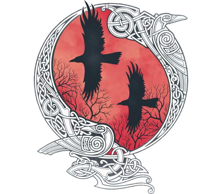 Кельтский узор ворона Хугин и Мунин кружка с кантом (цвет: белый + бордовый)